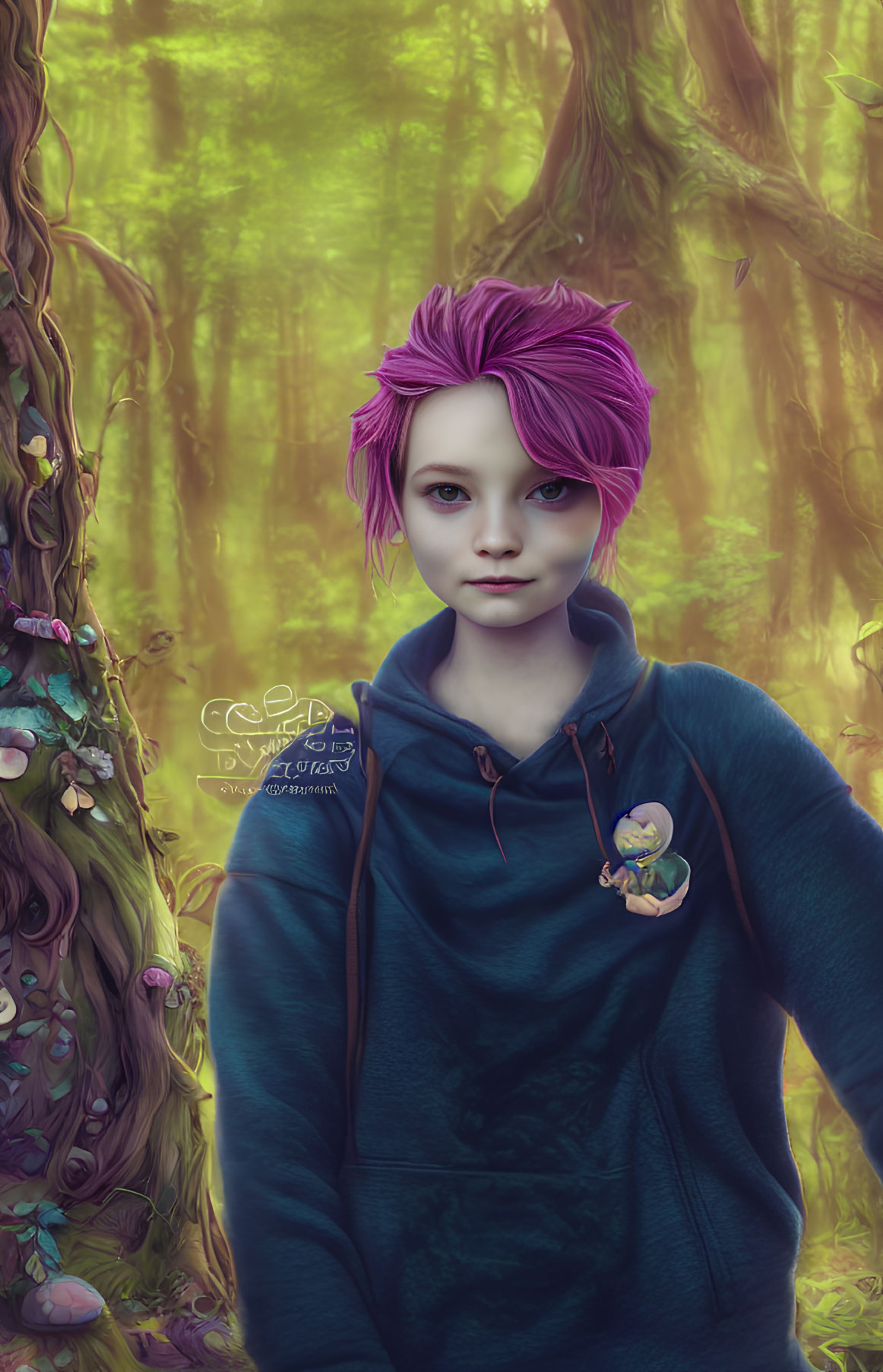 Person with Short Purple Hair in Blue Hoodie in Fantastical Forest