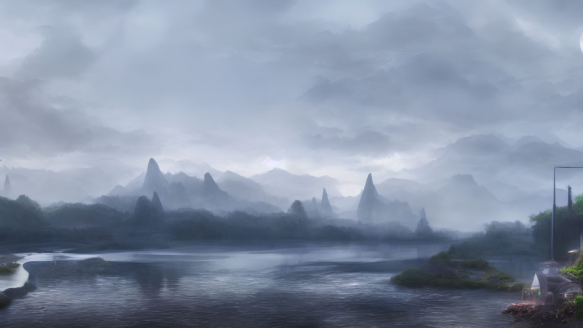 Misty mountains, serene river, crescent moon, glowing house - mystical landscape.