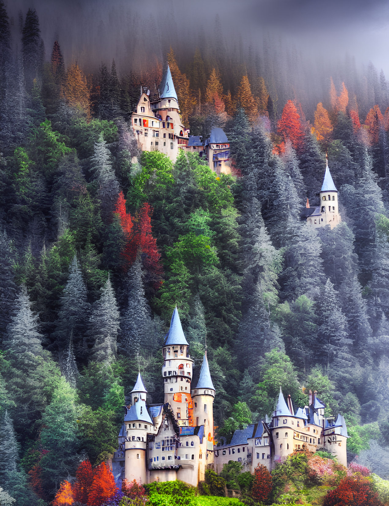 Castle in Colorful Forest Under Foggy Sky