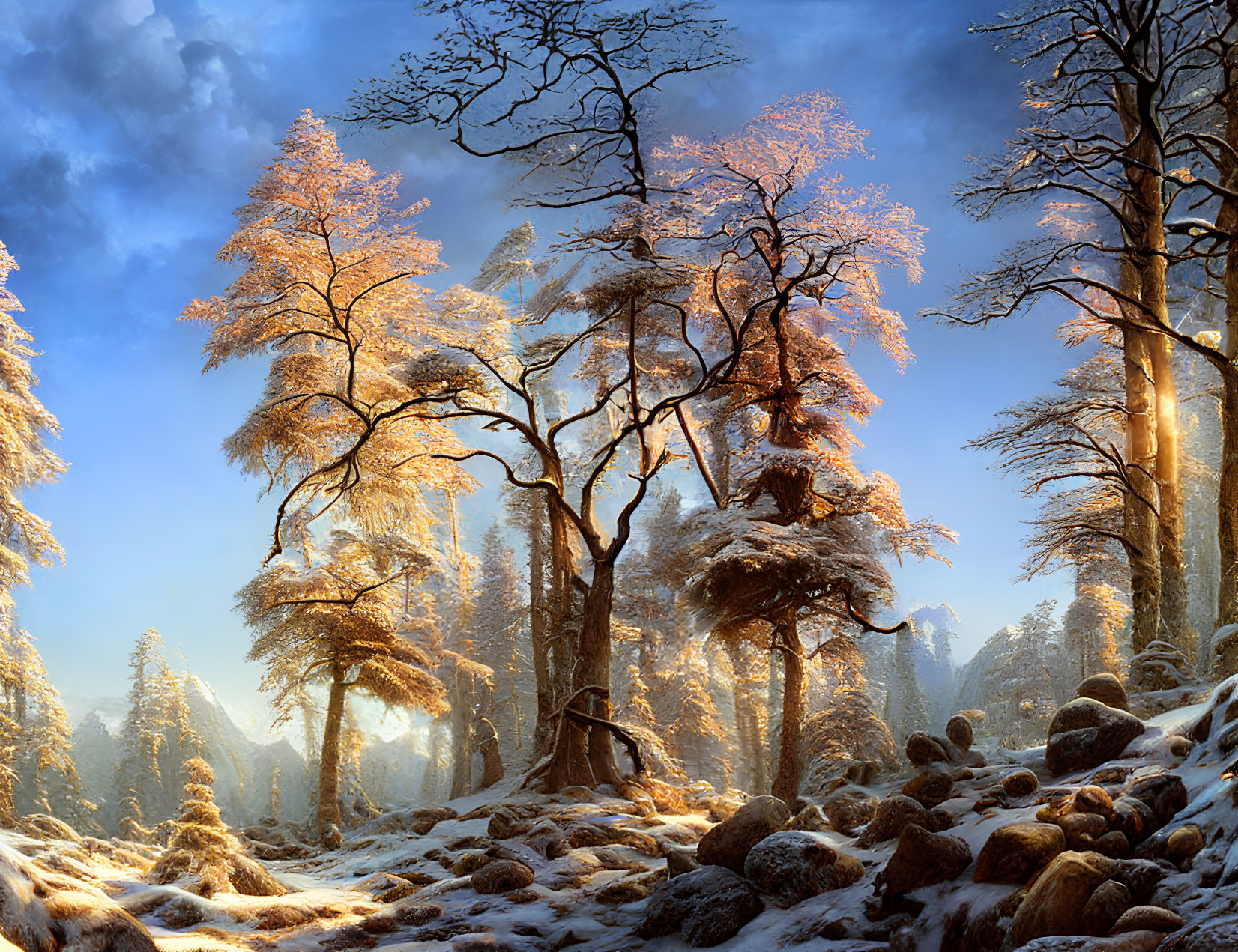 Snow-covered rocks and trees in serene winter forest scene