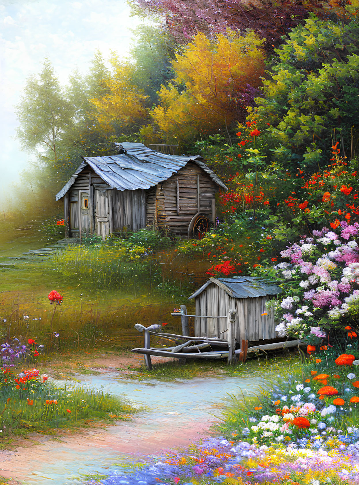 Wooden Cabin Surrounded by Flowers and Stream in Misty Forest
