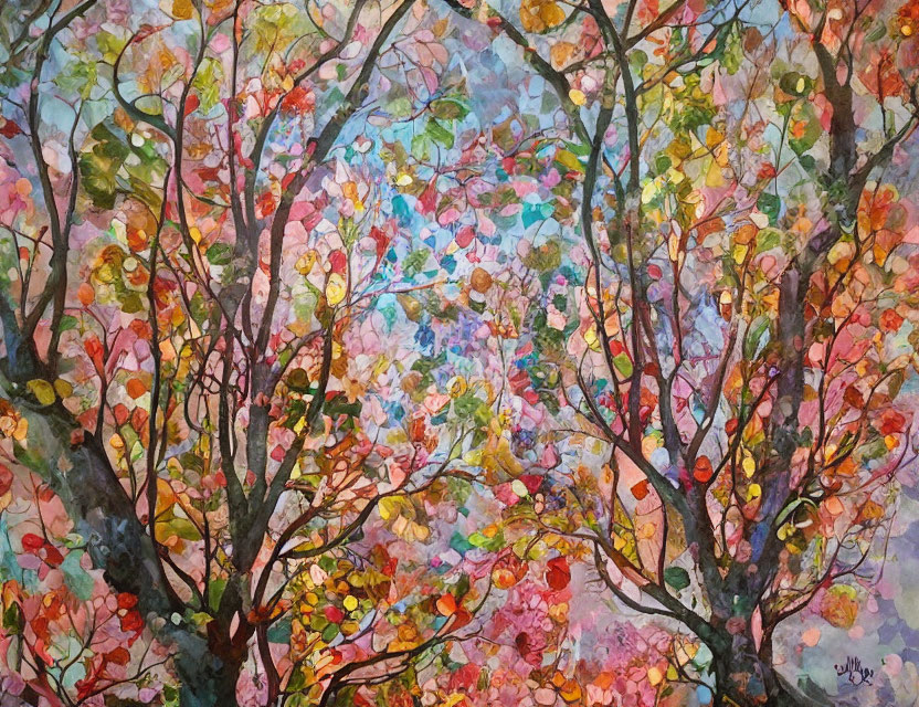 Colorful Watercolor Painting of Autumn Trees