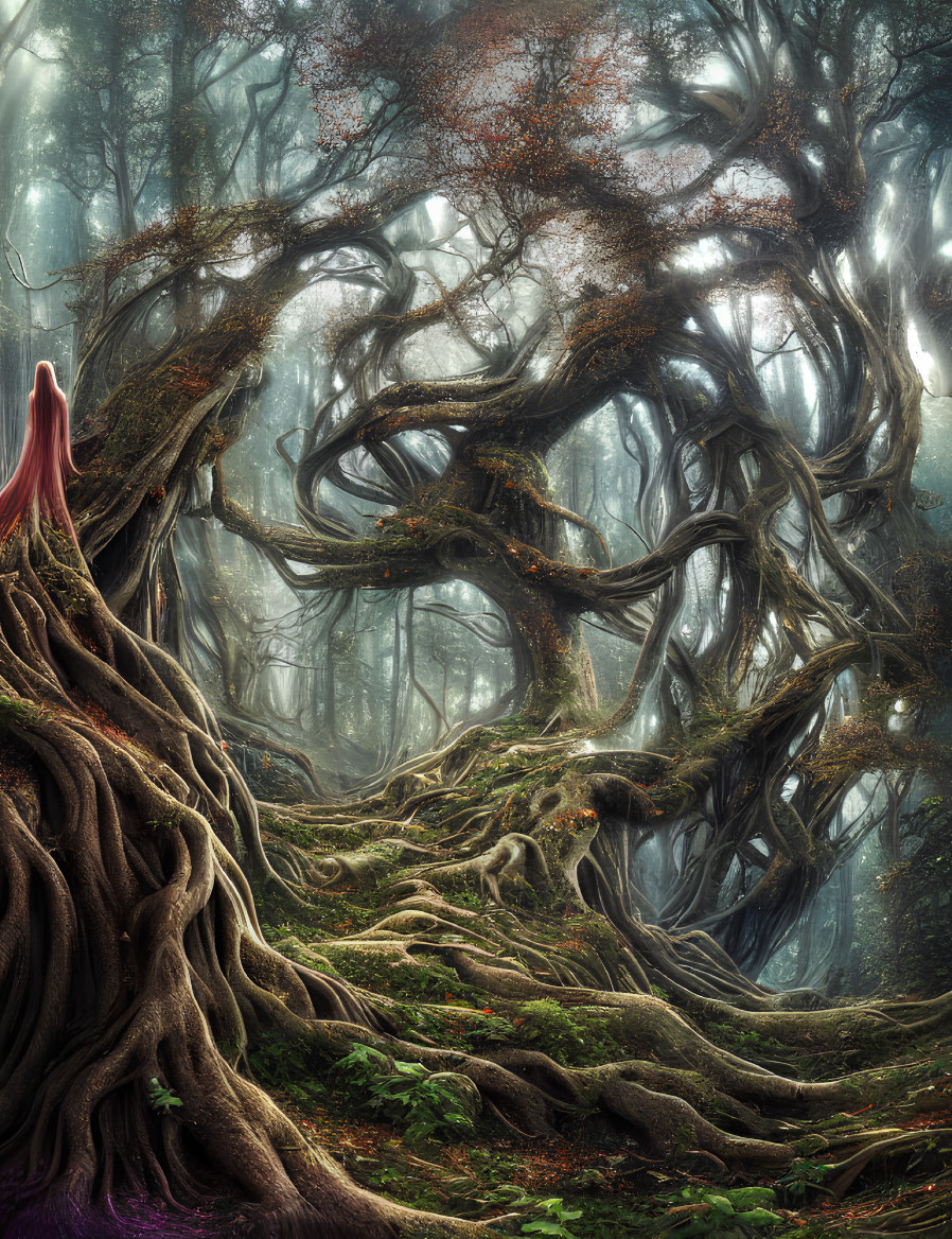Enchanting forest scene with misty ambiance and mysterious figure in red cloak