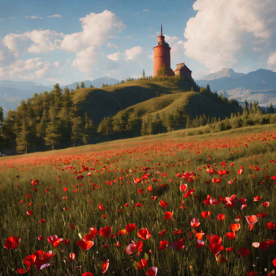 Red Poppy Field with Ancient Castle and Rolling Hills Scenery