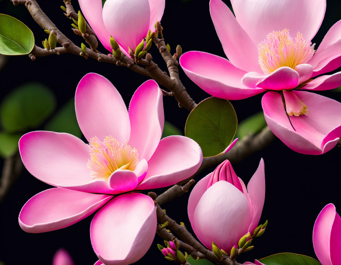Vibrant Pink Magnolia Flowers in Bloom Against Dark Background