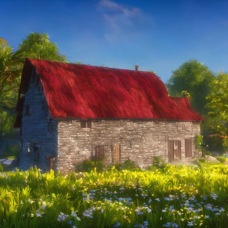 Stone cottage with red roof amid lush greenery and white flowers