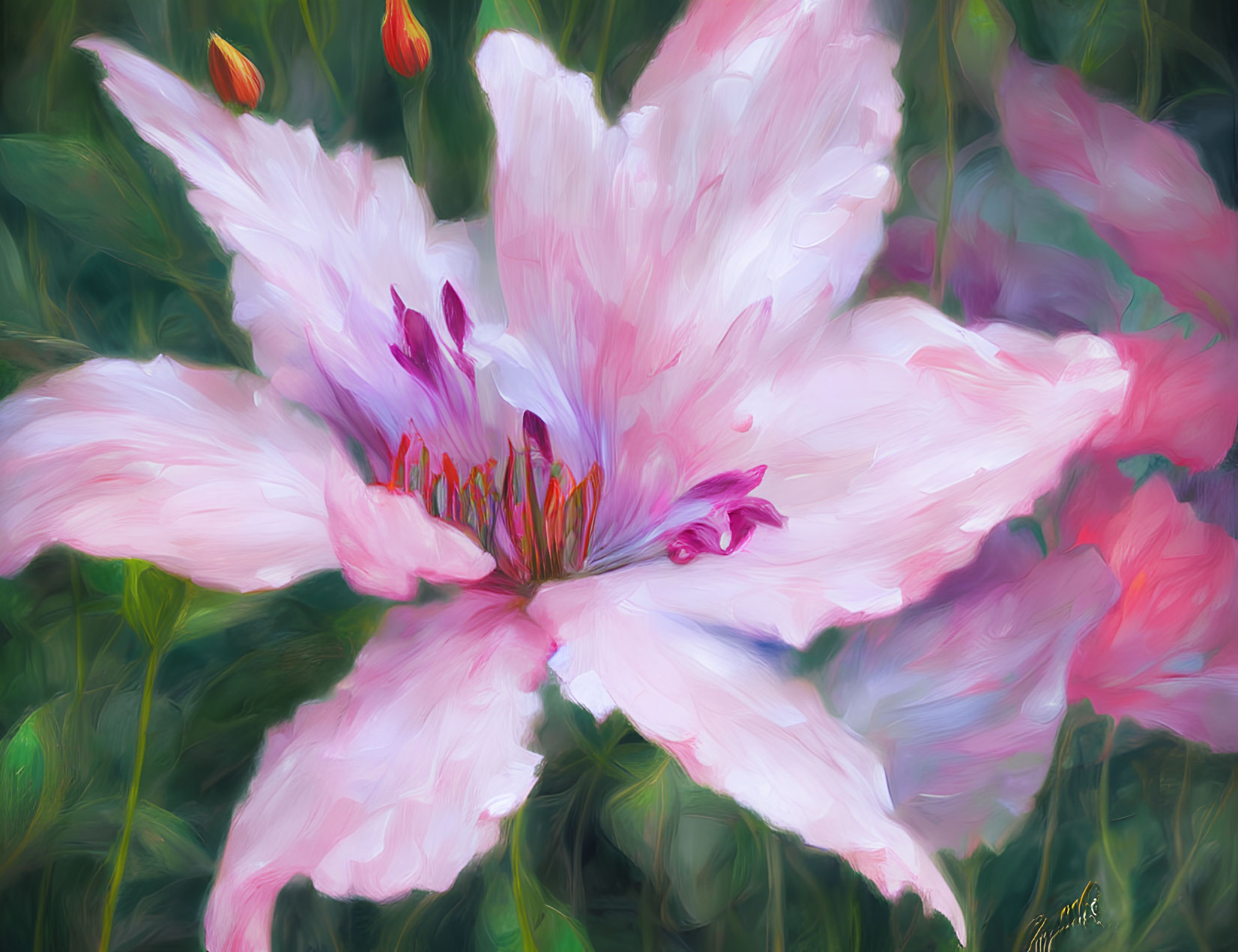 Impressionistic painting of pale pink flower with darker pink stamens