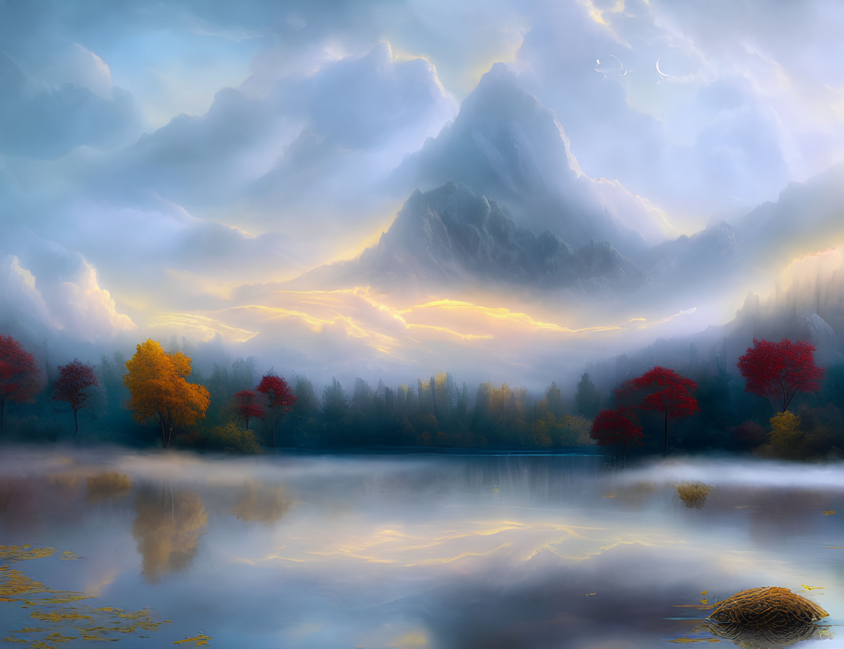 Mountain landscape with sunlit clouds over tranquil lake and autumn trees