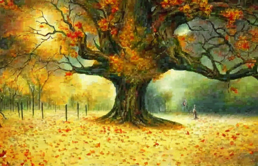 Majestic tree with orange leaves in golden autumn landscape