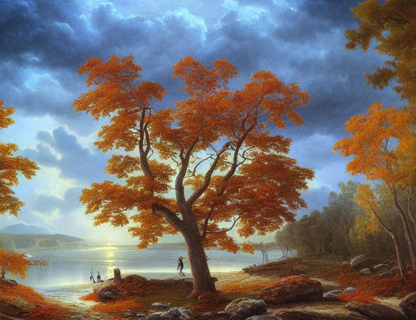 Tranquil landscape: orange-leafed tree, serene lake, cloudy sky, distant mountains.