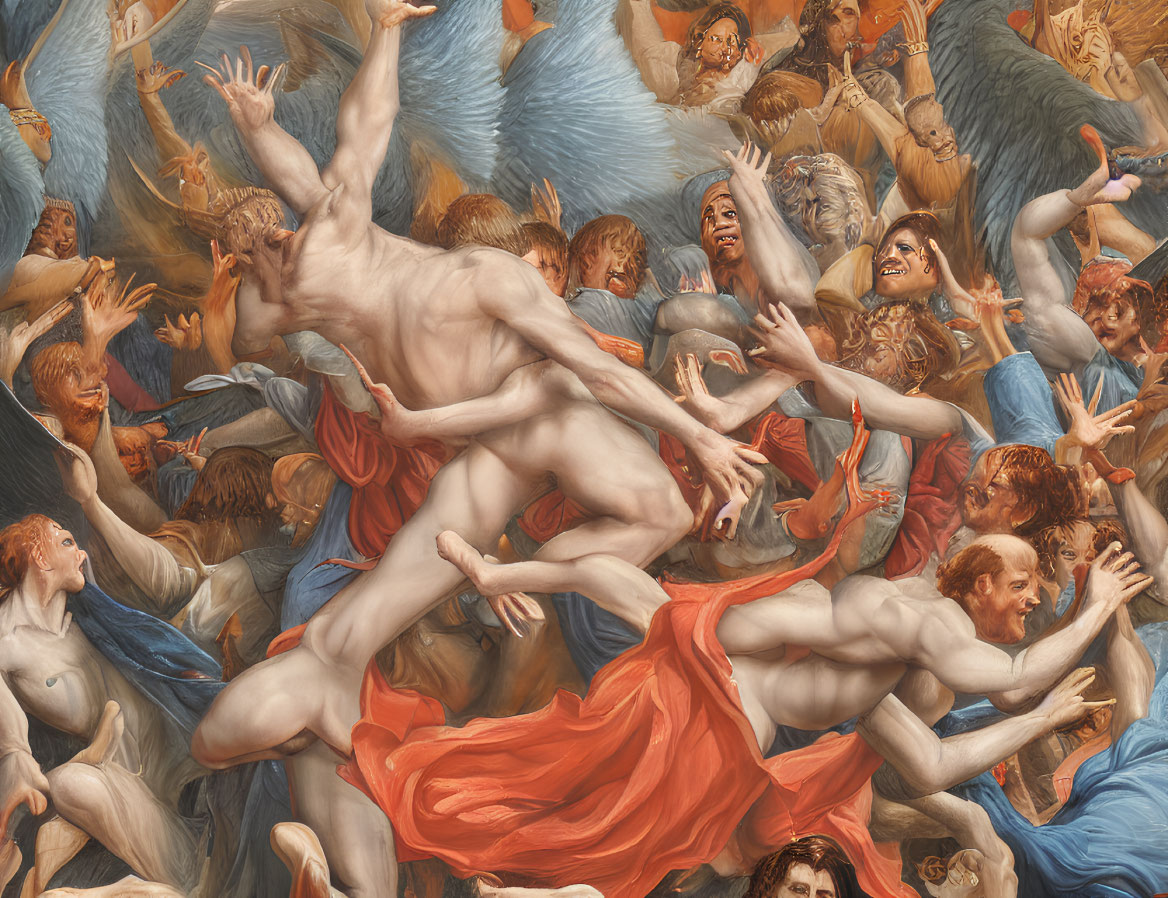 Baroque-style painting with angels & human figures in dynamic motion