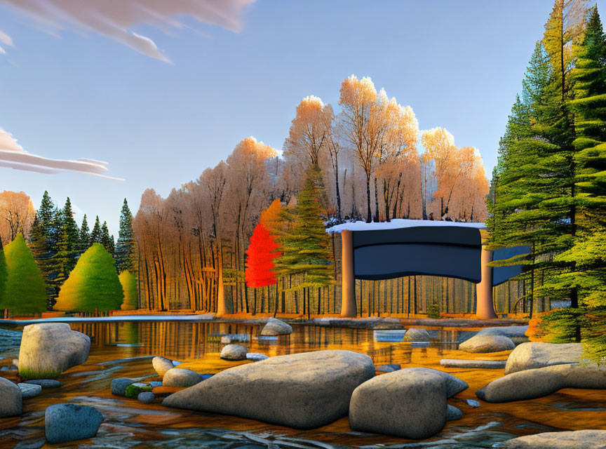 Autumnal forest landscape with modern structure by clear lake