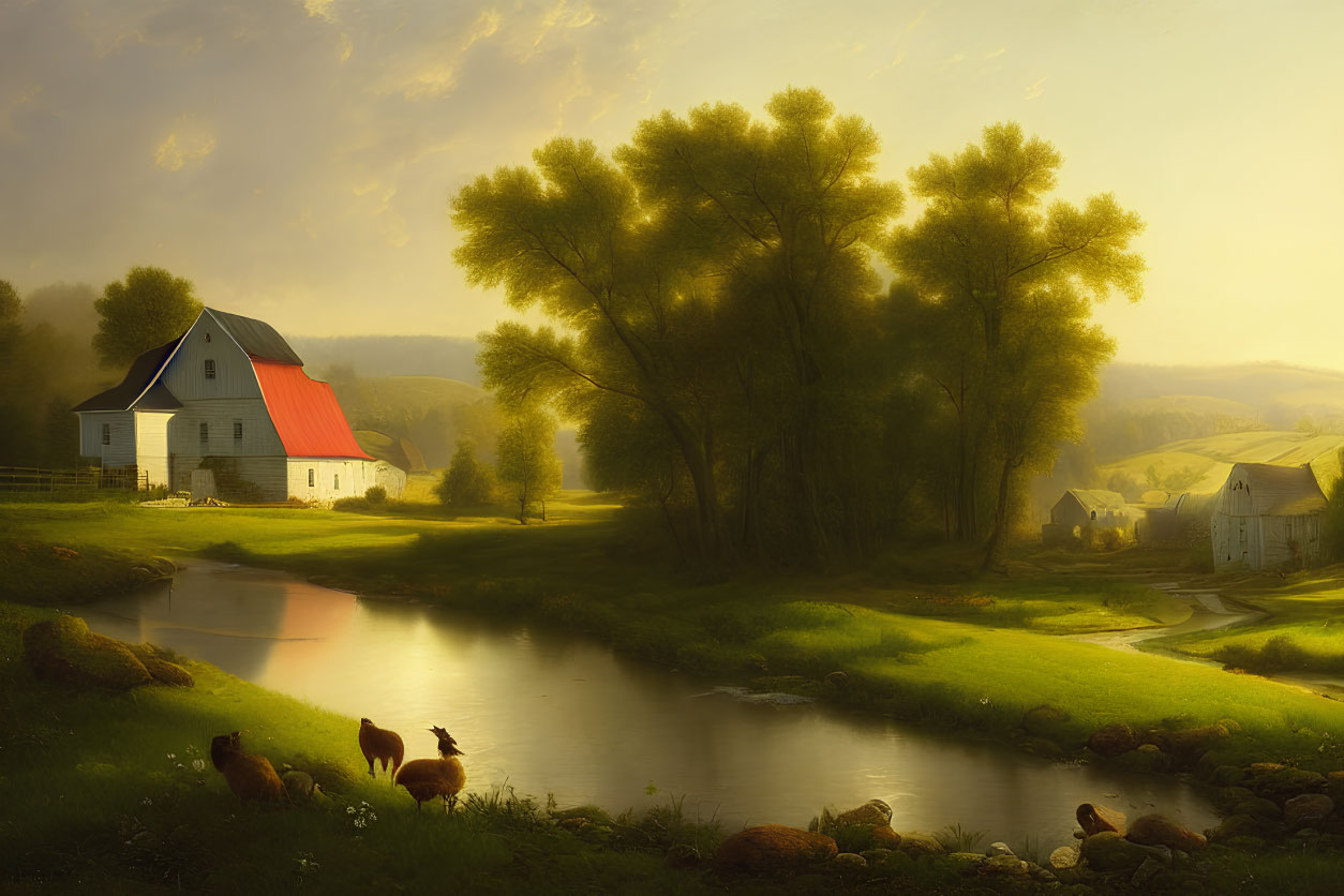 Rural sunset landscape with red-roofed barn, grazing cattle, lush trees