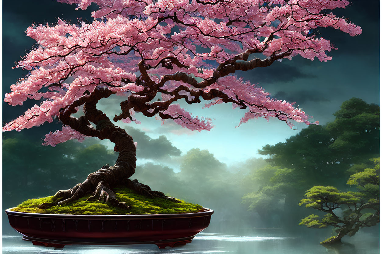 Vibrant cherry blossom bonsai tree with pink flowers in red pot against misty forest background