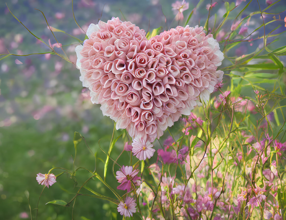 Pink Roses Heart-Shaped Arrangement on Soft Focus Background