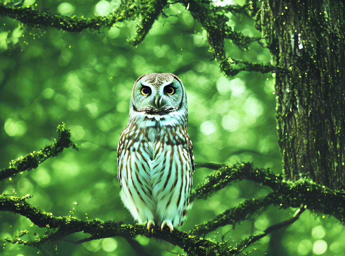 Owl perched on moss-covered branch in lush green forest
