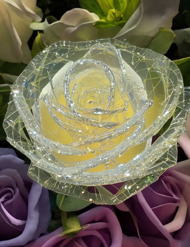 Shattered glass rose with yellow center on purple flower backdrop