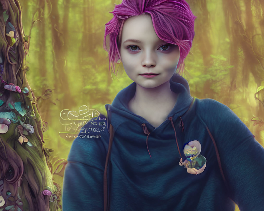 Person with Short Purple Hair in Blue Hoodie in Fantastical Forest