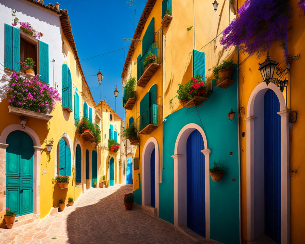 Vibrant yellow and blue houses on cobblestone alley with colorful flowers
