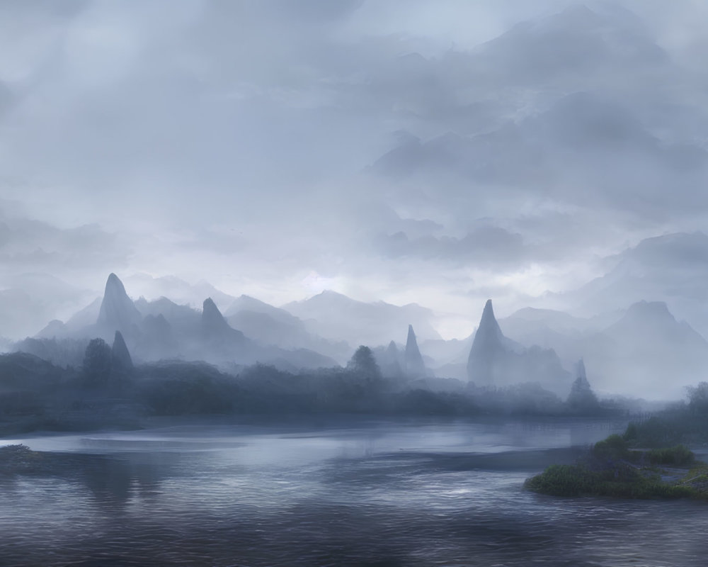 Misty mountains, serene river, crescent moon, glowing house - mystical landscape.