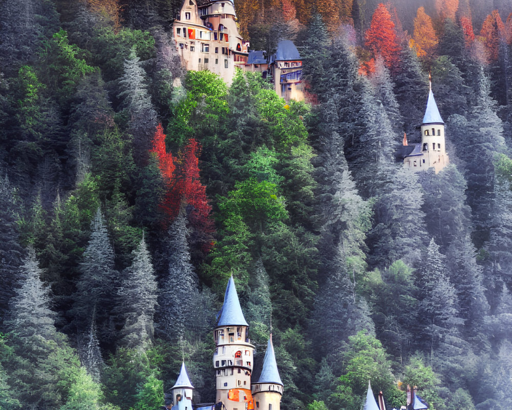 Castle in Colorful Forest Under Foggy Sky