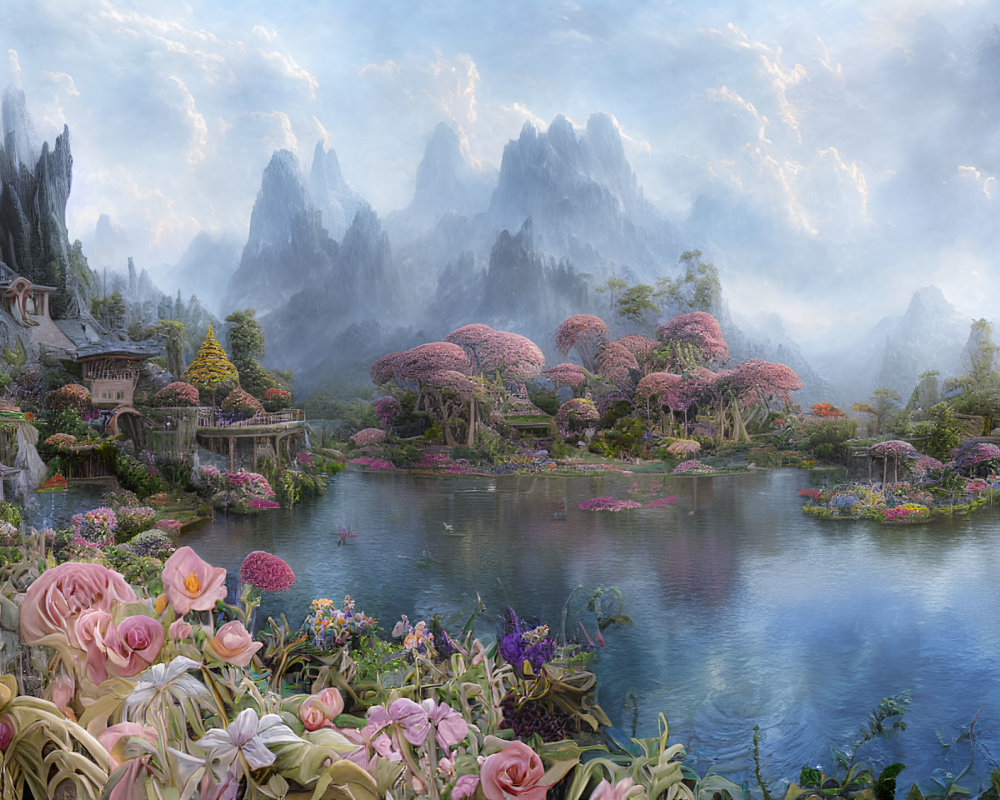 Tranquil fantasy landscape with pink trees, serene lake, mountains, and lush florals