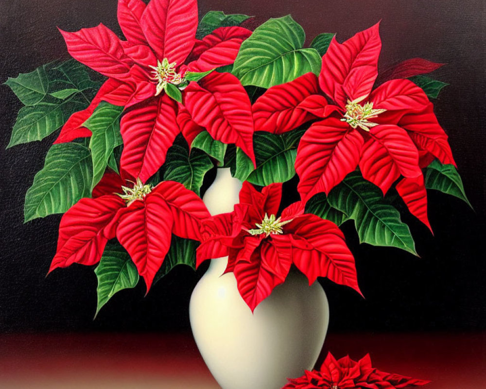 Vibrant painting of red poinsettias in a white vase on dark background