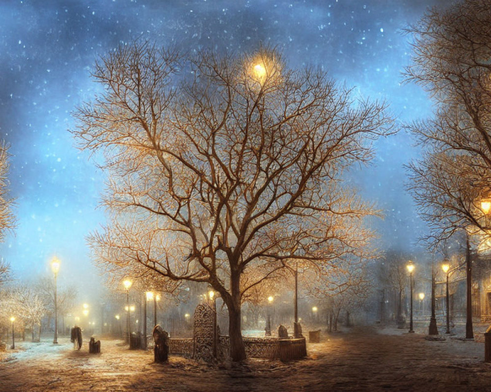Snow-covered winter park with bare tree, street lamps, benches, and starry sky