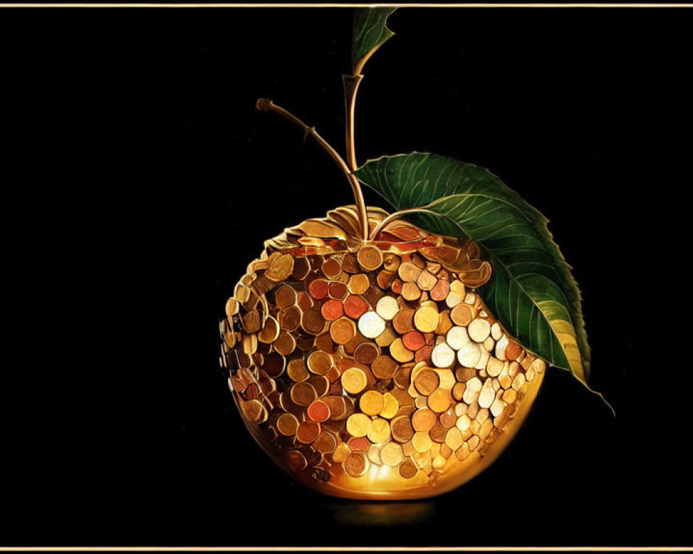 Golden apple made of coins on black background - luxurious and rich aesthetic