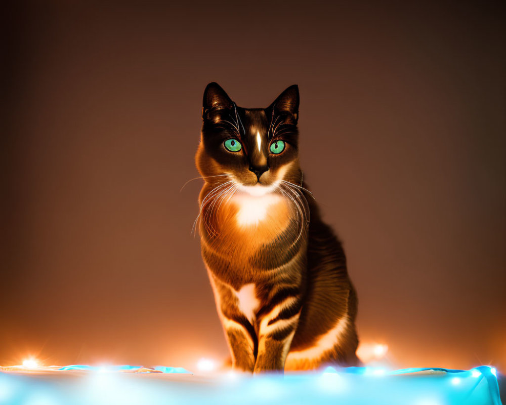 Blue-eyed Cat Poses in Enchanting Glowing Lights