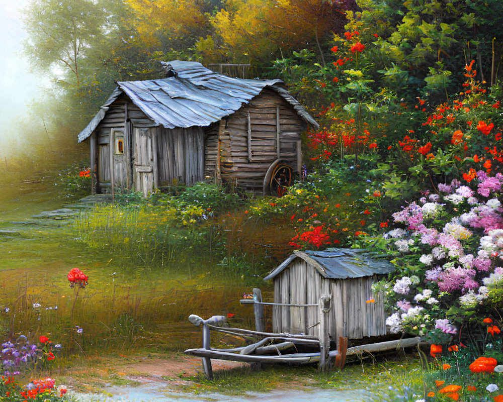 Wooden Cabin Surrounded by Flowers and Stream in Misty Forest