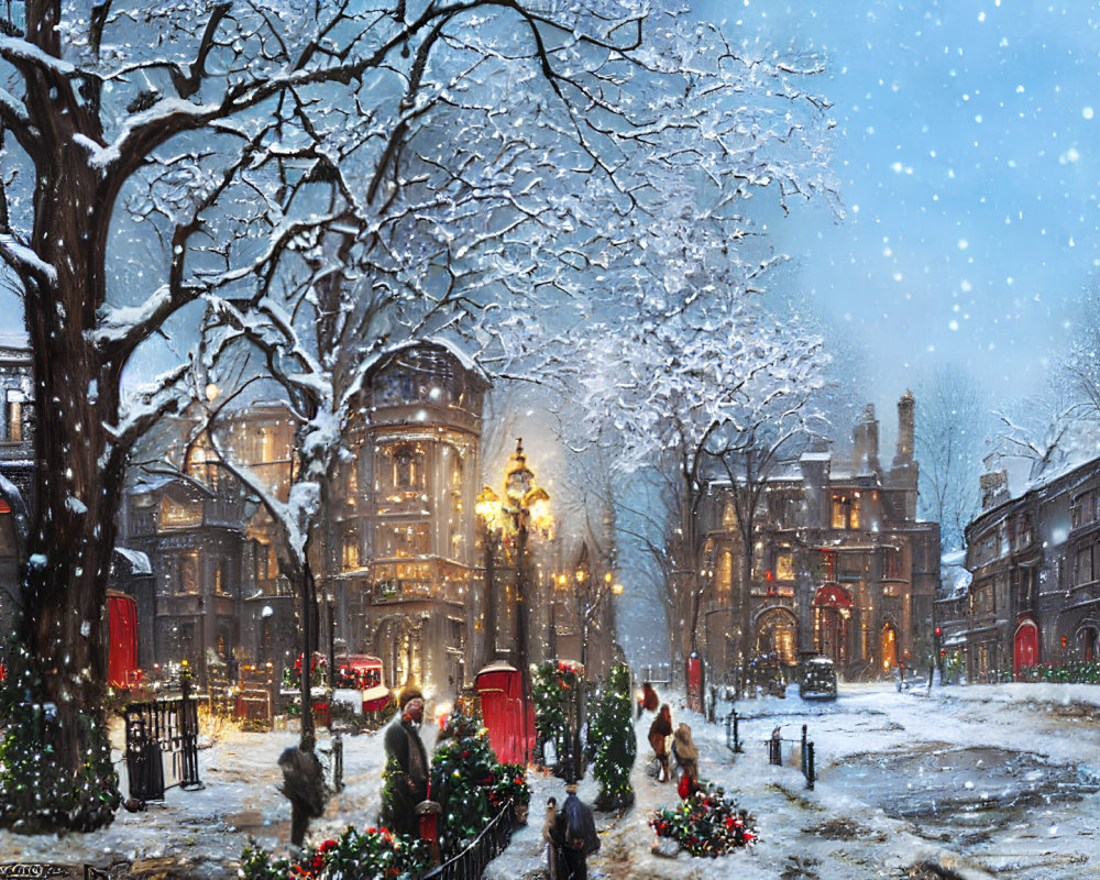 Snow-covered streets and Victorian buildings in winter scene.