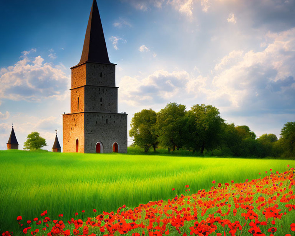 Historic stone tower in green field with red poppies under warm sunset