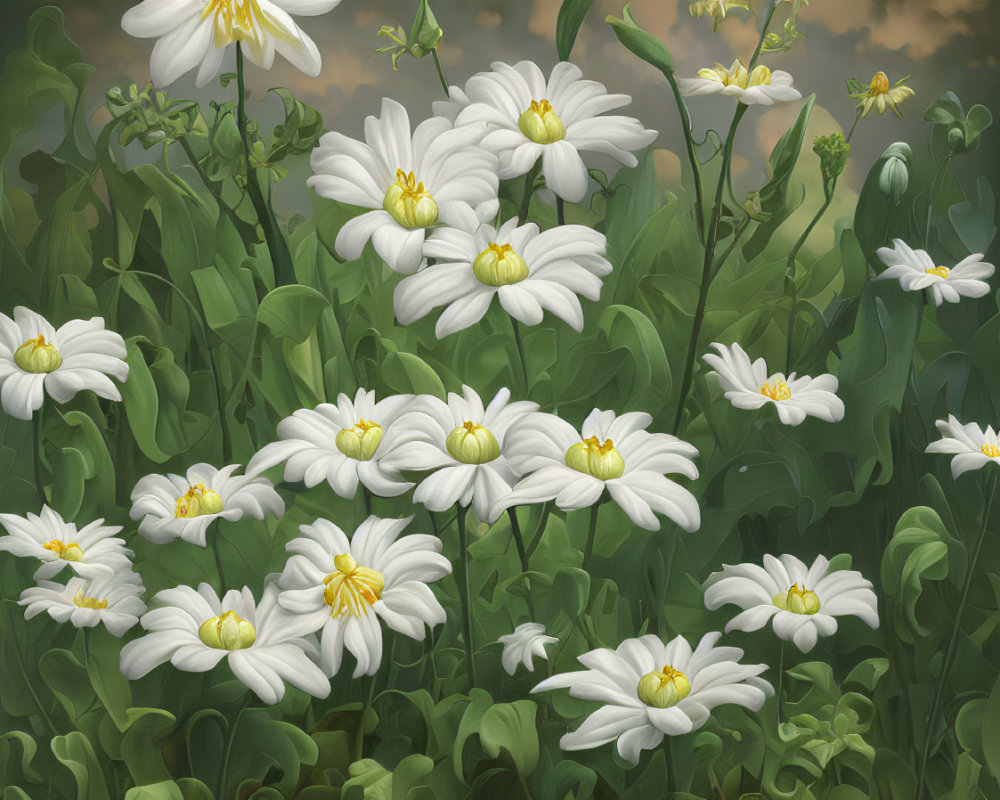 Numerous white daisies with yellow centers in lush greenery.