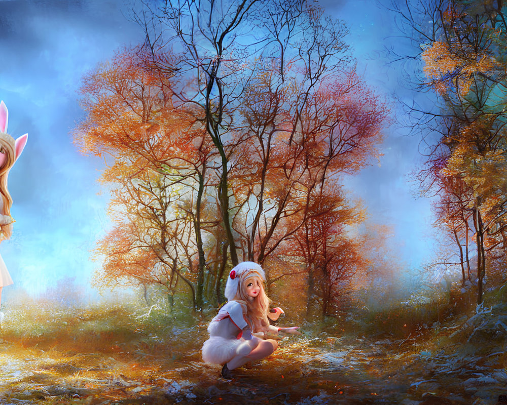 Autumn fantasy art: girl with rabbit ears beside large rabbit creature