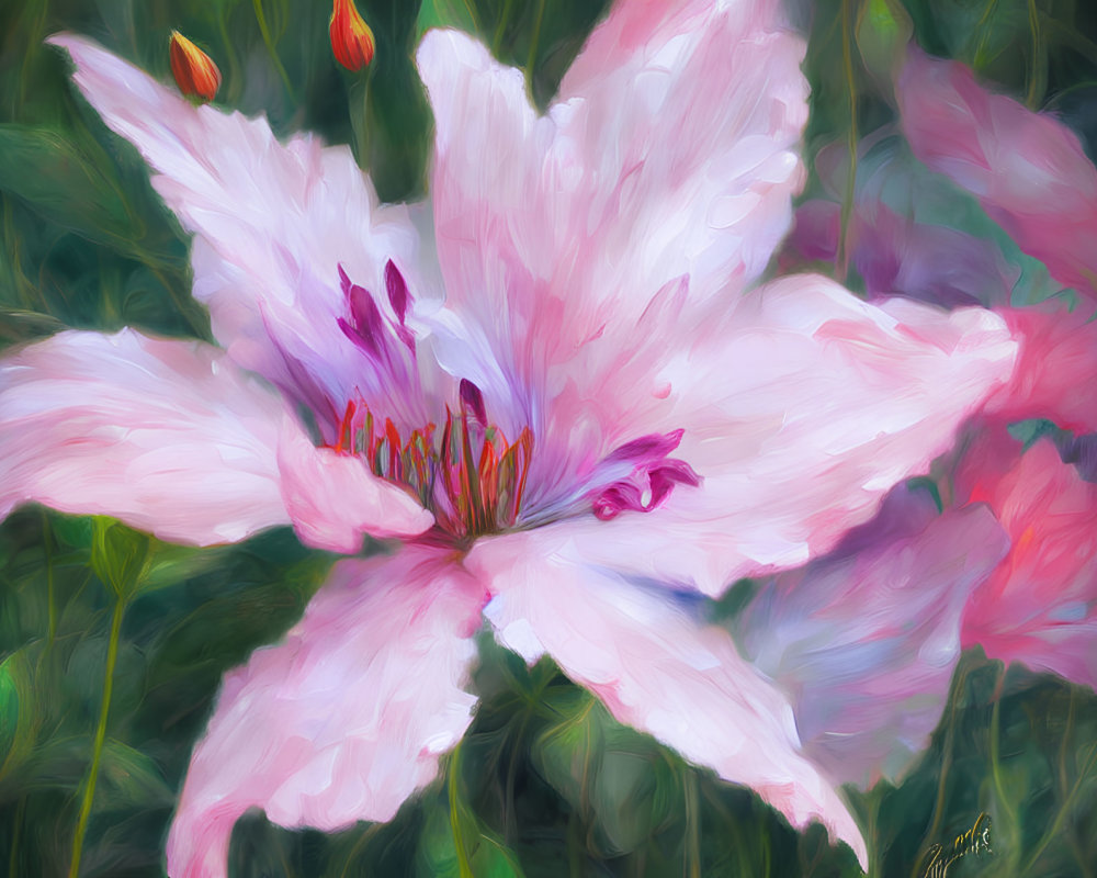 Impressionistic painting of pale pink flower with darker pink stamens