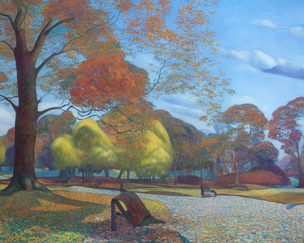 Tranquil autumn park scene with vibrant foliage and distant figures
