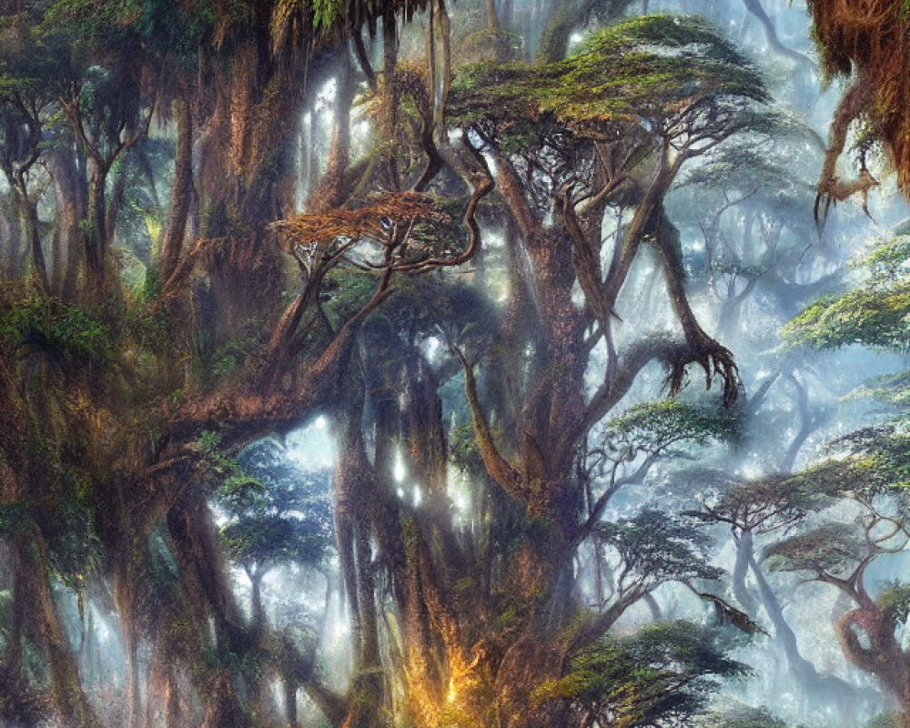 Mystical forest with twisted trees and hanging moss in misty light
