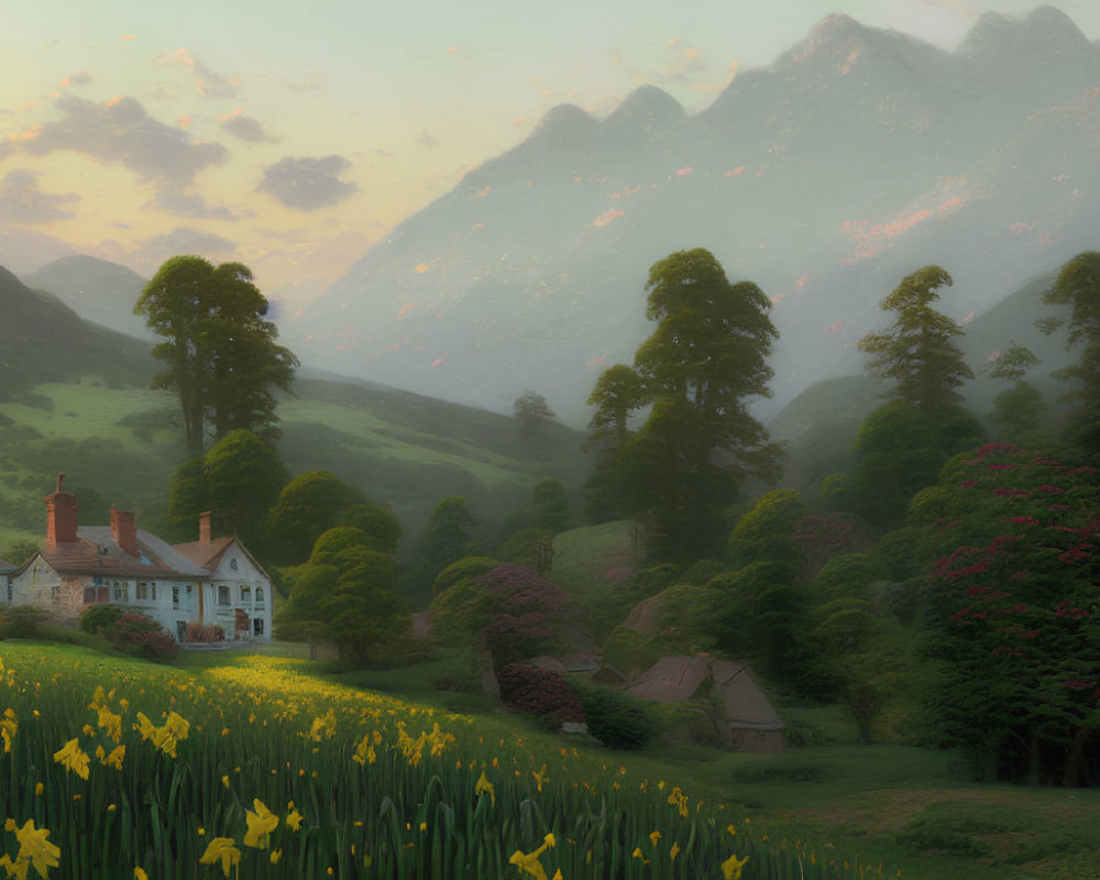 Tranquil landscape: green hills, village, flowers, mountains at sunrise or sunset