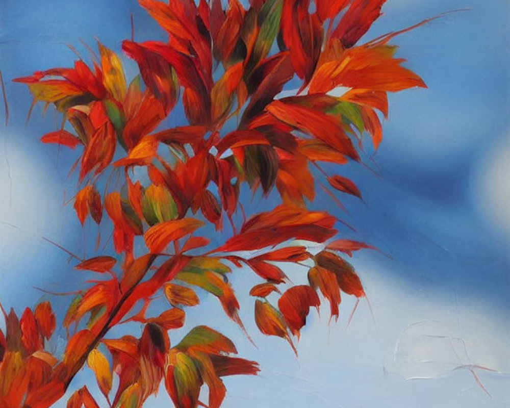 Vivid red and orange autumn leaves against a soft blue sky