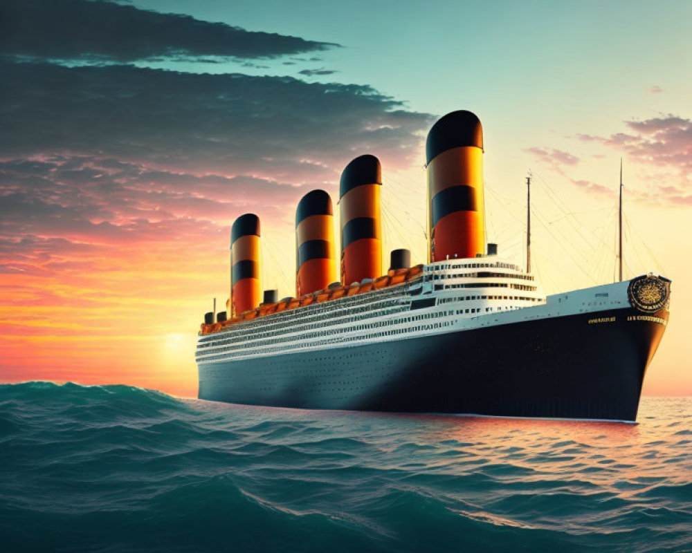 Ocean sunset: Large passenger ship with four funnels sailing, vibrant colors in sky and sea
