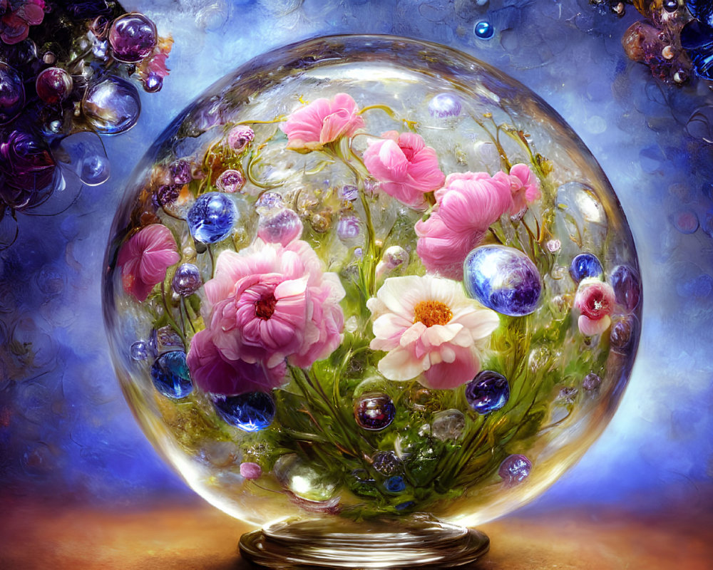 Colorful flowers and bubbles in glass sphere against blue backdrop