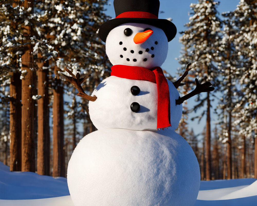 Cheerful snowman with top hat, carrot nose, red scarf, in snowy landscape