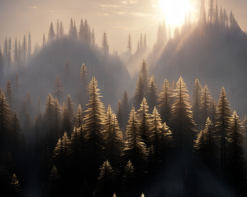 Misty pine forest with sunlight and mountain silhouettes