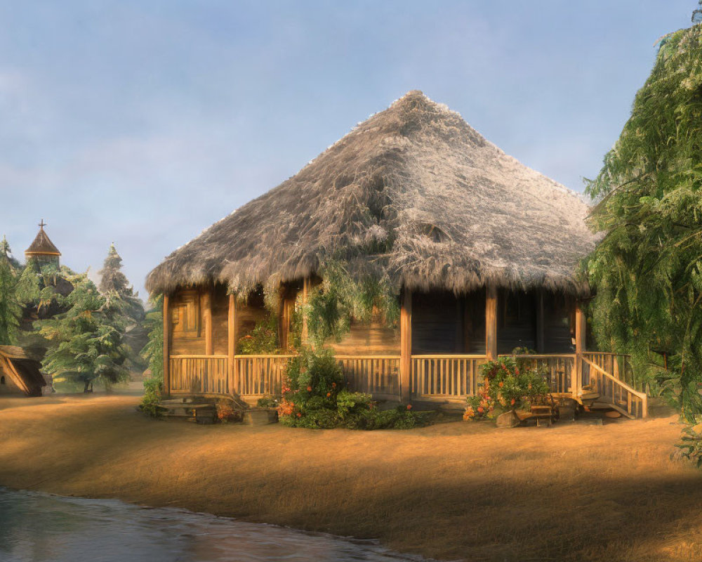 Traditional Thatched-Roof House by Calm River in Lush Greenery