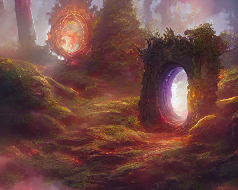 Mystical forest scene with glowing portals, hills, and reflective pool.