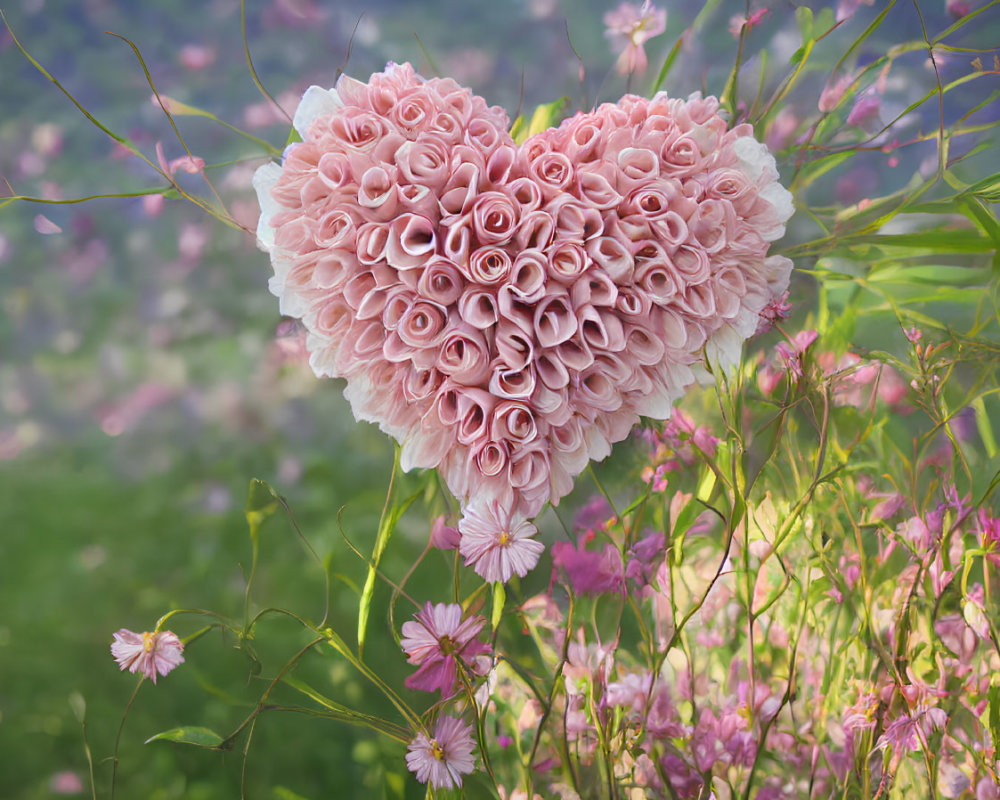 Pink Roses Heart-Shaped Arrangement on Soft Focus Background