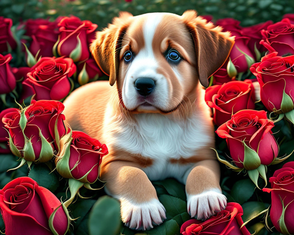 Adorable Puppy Surrounded by Red Roses
