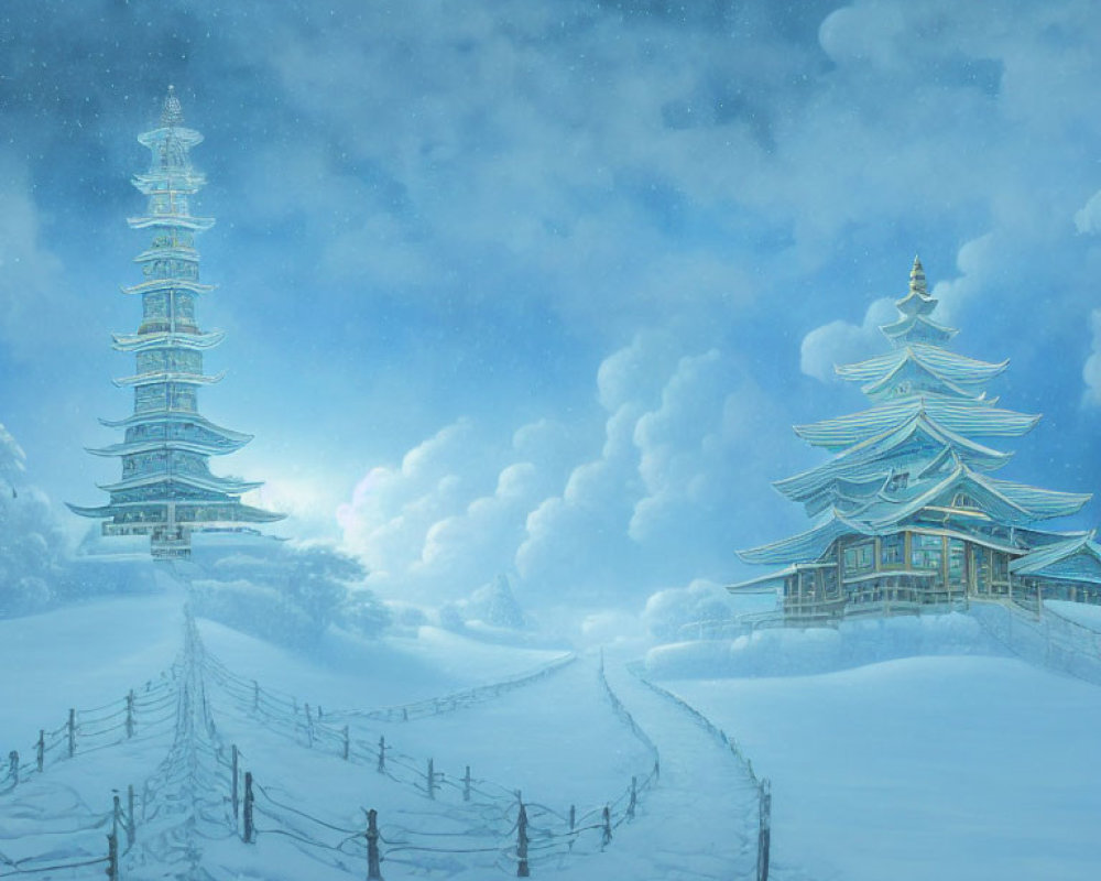 Winter landscape: Snow-covered pagodas under cloudy sky