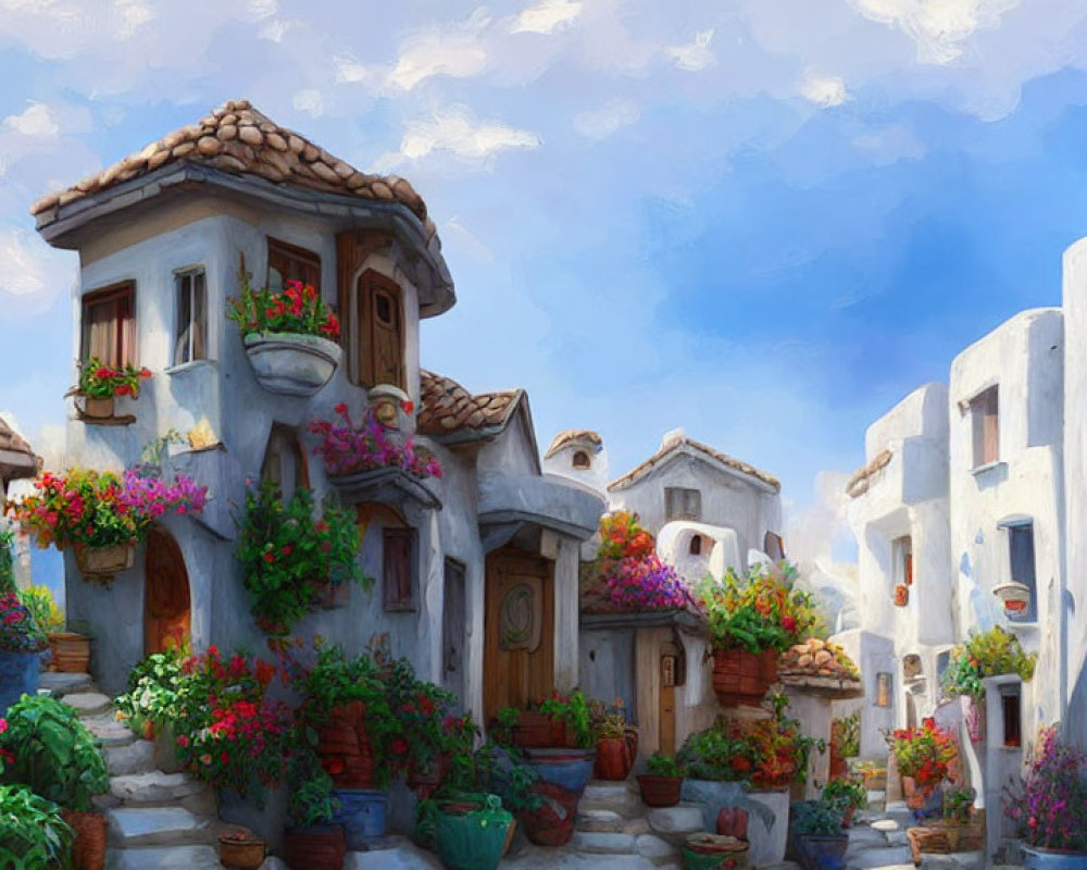 Whitewashed Houses with Terracotta Roofs and Flowers